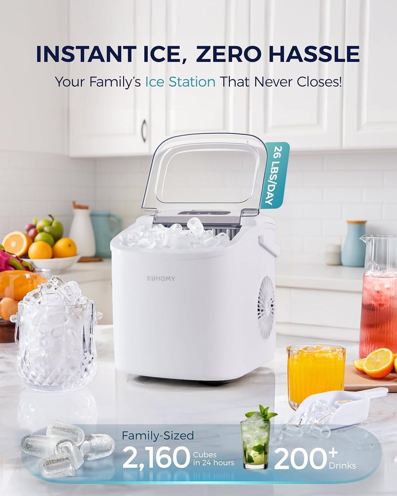 EUHOMY Countertop Ice Maker Machine with Handle, 26lbs Per Day, 9 Ice Cubes Ready in 6 Mins, Auto-Cleaning Portable Ice Maker with Basket and Scoop, for Home/Kitchen/Camping/RV (White) - Image 2